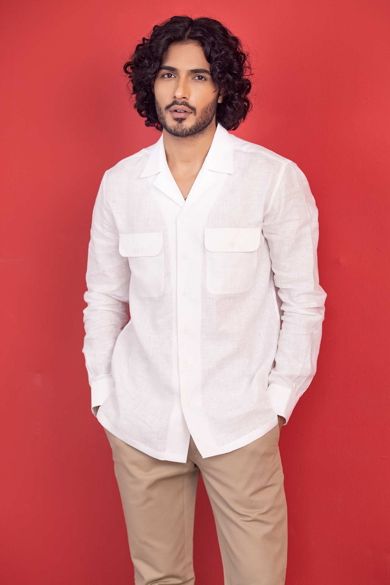 White full-sleeved linen safari shirt with patch pockets